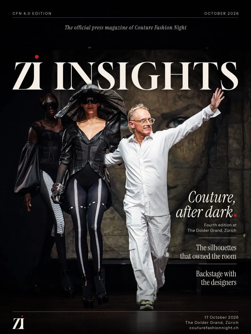 ZI Insights magazine cover for Couture Fashion Night 4.0 — designer in white beside a model in black leather couture on the runway