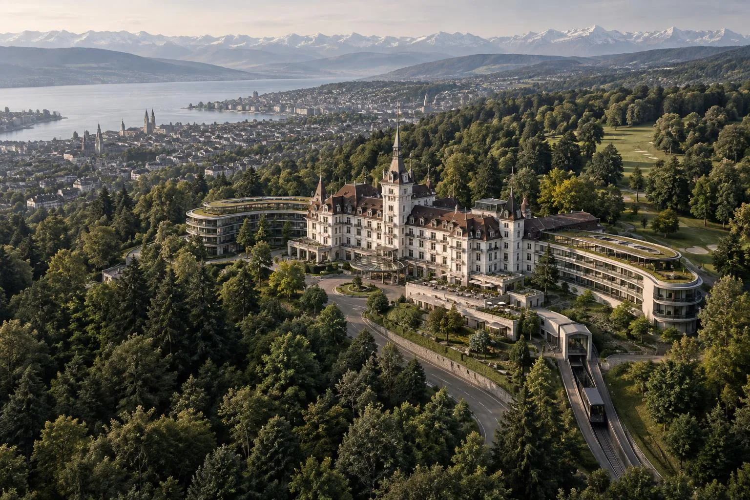 Architectural aerial visualization of The Dolder Grand on the wooded Adlisberg hillside above Zürich